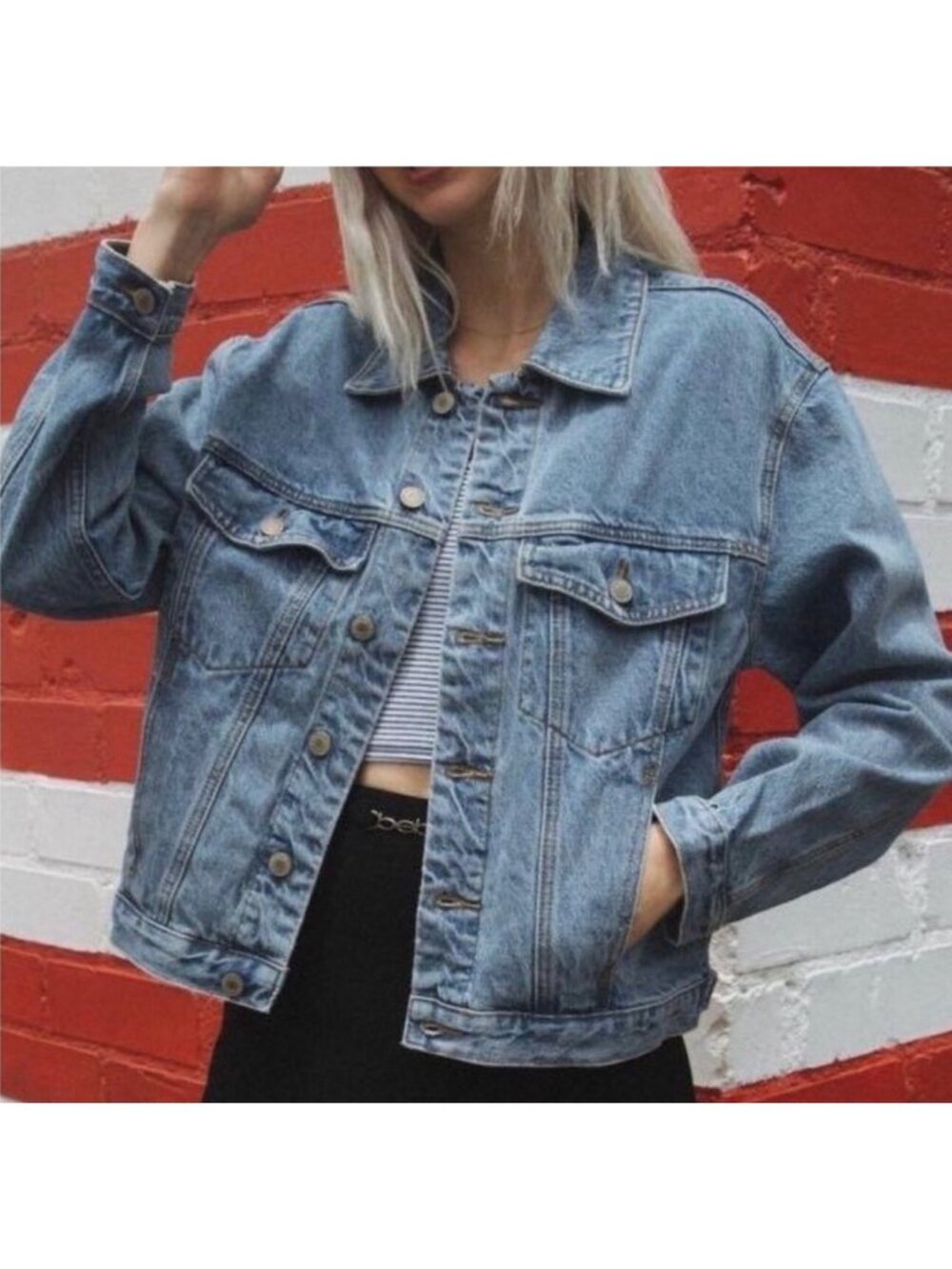 John Galt Brandy Melville Denim Jean Jacket Cropped Pockets Size S Light Wash